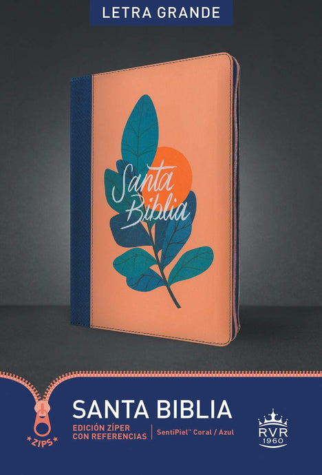 Biblia RVR 1960, con zíper, con referencias, Letra Grande, imitación piel coral con azul