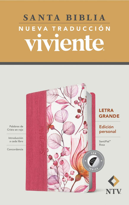 Santa Biblia NTV, Edición personal, Letra Grande, con índice, imitación piel rosa flores