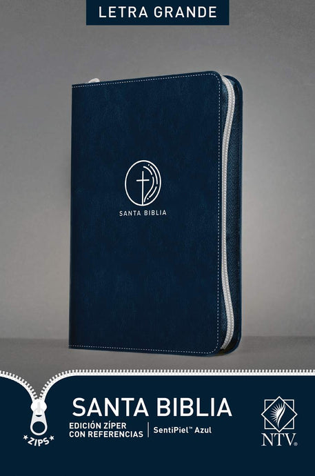Santa Biblia NTV, con zíper, con referencias, Letra Grande, imitación piel azul