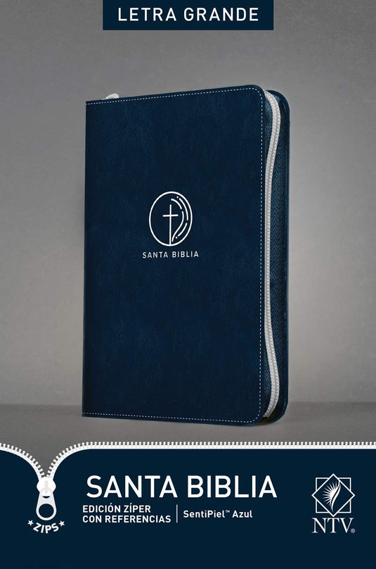 Santa Biblia NTV, con zíper, con referencias, Letra Grande, imitación piel azul
