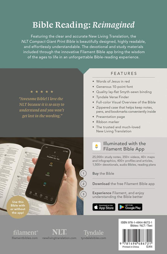 NLT Compact Giant Print Zipper Bible, Filament Enabled