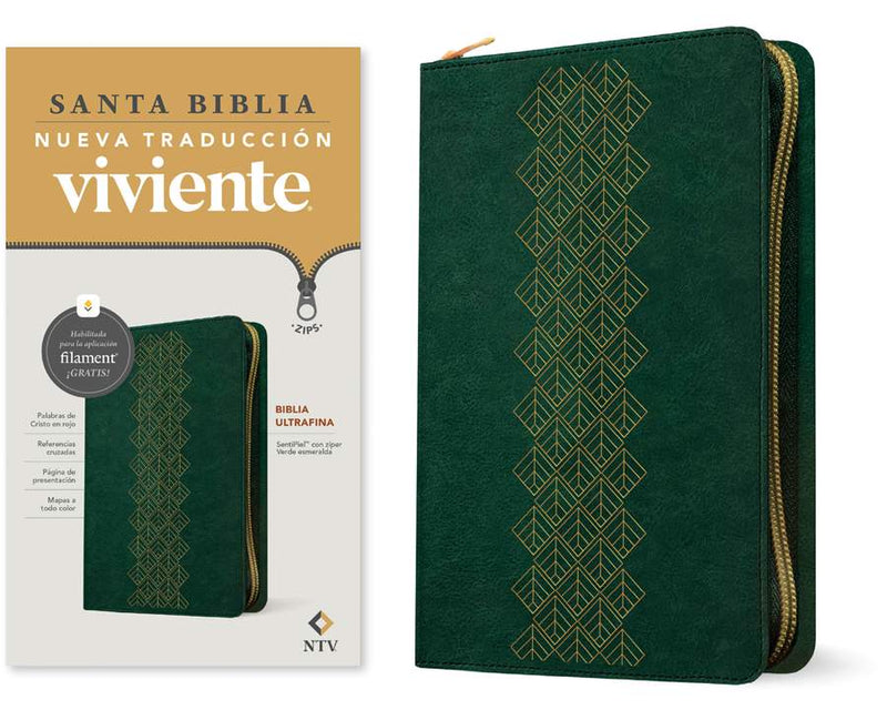 Cargue la imagen en el visor de la galería, Biblia ultrafina NTV, con Filament, Cierre zíper, imitación piel verde esmeralda
