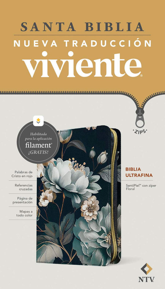 Biblia ultrafina NTV, con Filament, Cierre zíper, imitación piel floral