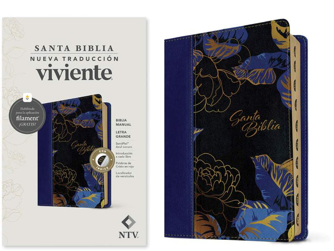 Biblia manual NTV, con Filament, Letra Grande, con índice, SentiPiel azul oscuro flores