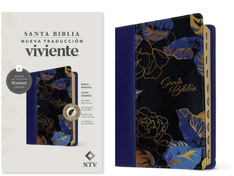 Cargue la imagen en el visor de la galería, Biblia manual NTV, con Filament, Letra Grande, con índice, SentiPiel azul oscuro flores
