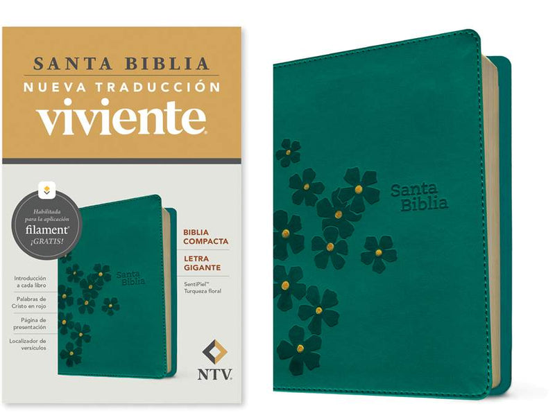 Cargue la imagen en el visor de la galería, Biblia compacta NTV, con Filament, Letra Gigante, SentiPiel turquesa floral

