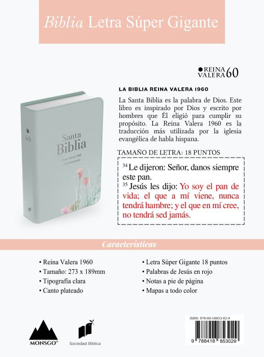 Biblia RVR 1960, Letra Súper Gigante, imitación piel menta flores