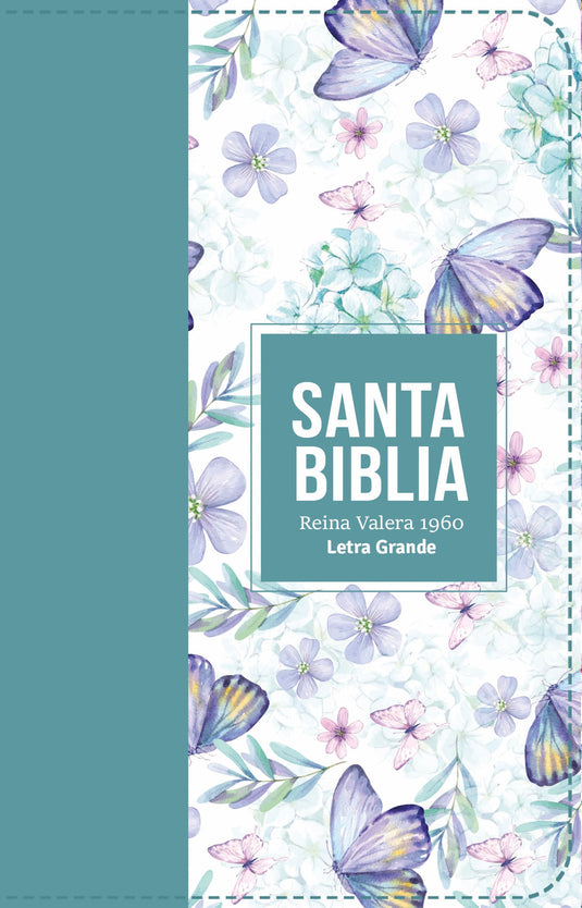 Biblia RVR 1960, Tamaño manual, Letra Grande, imitación piel turquesa mariposas y flores