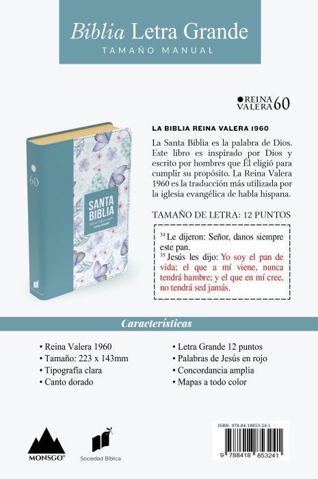 Cargue la imagen en el visor de la galería, Biblia RVR 1960, Tamaño manual, Letra Grande, imitación piel turquesa mariposas y flores
