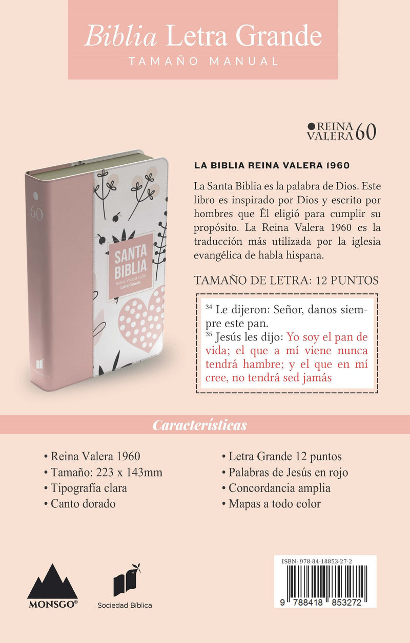 Cargue la imagen en el visor de la galería, Biblia RVR 1960, Tamaño manual, Letra Grande, imitación piel rosa claro corazón
