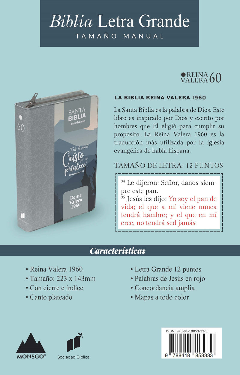 Cargue la imagen en el visor de la galería, Biblia RVR 1960, Tamaño manual, Cierre zíper, con índice, Letra Grande, imitación piel gris
