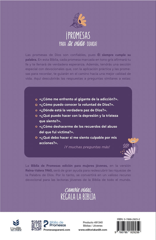Biblia de promesas para mujeres jóvenes RVR 1960, tapa dura