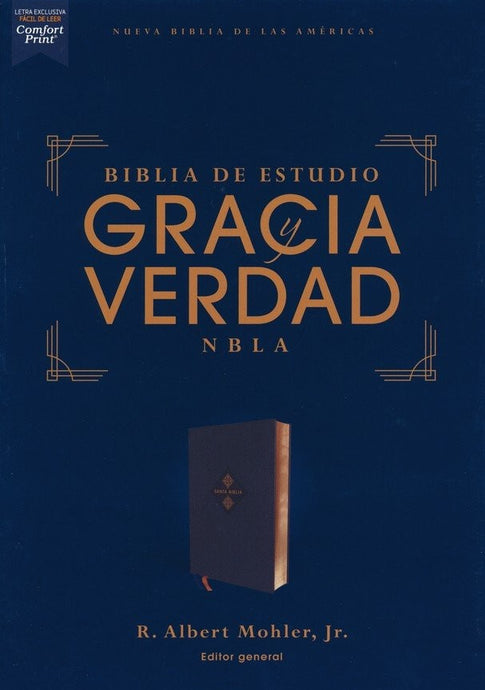 Biblia de Estudio Gracia y Verdad NBLA, imitación piel azul marino, Interior a dos colores