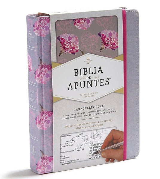 Biblia de apuntes RVR 1960, tela impresa gris y floreado