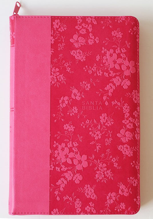 Biblia RVR 1960, Tamaño Manual, Cierre zíper, con índice, Letra Grande, simil piel fucsia