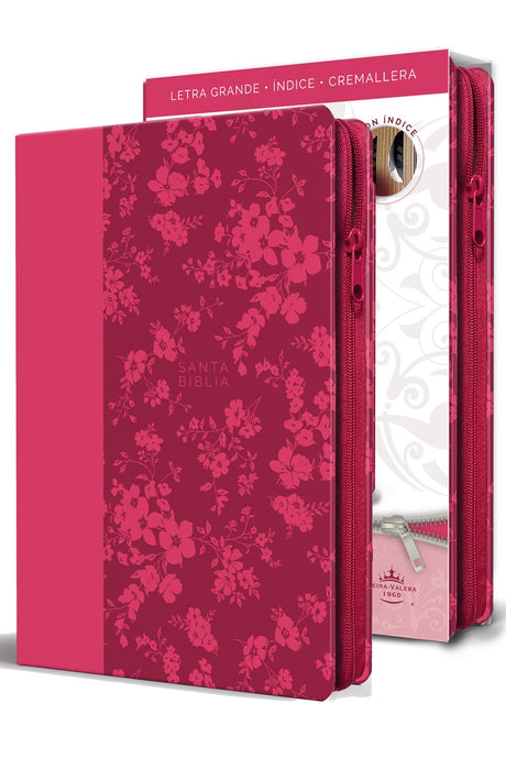 Biblia RVR 1960, Tamaño Manual, Cierre zíper, con índice, Letra Grande, simil piel fucsia
