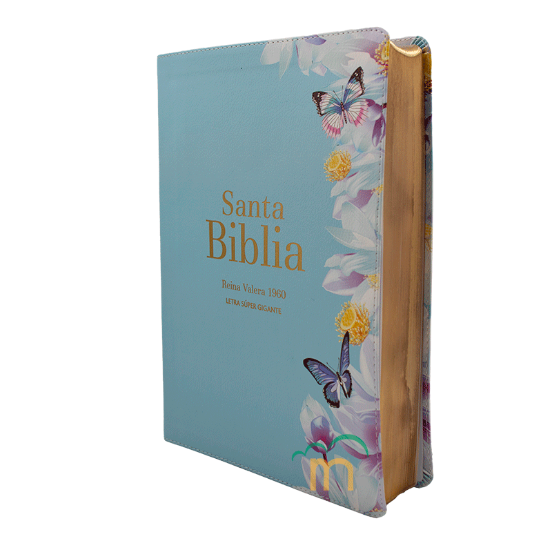 Cargue la imagen en el visor de la galería, Biblia RVR 1960, Letra Súper Gigante, imitación piel celeste mariposas y flores
