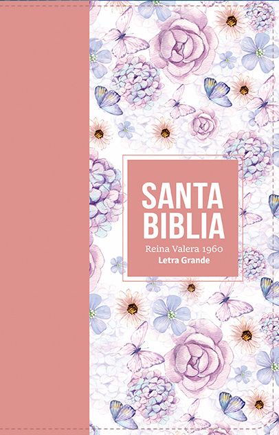 Biblia RVR 1960, Tamaño manual, Letra Grande, imitación piel rosa claro mariposas y flores