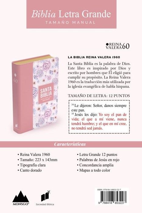 Biblia RVR 1960, Tamaño manual, Letra Grande, imitación piel rosa claro mariposas y flores