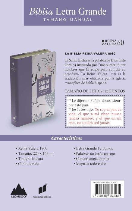 Biblia RVR 1960, Tamaño manual, Letra Grande, imitación piel lila corazón