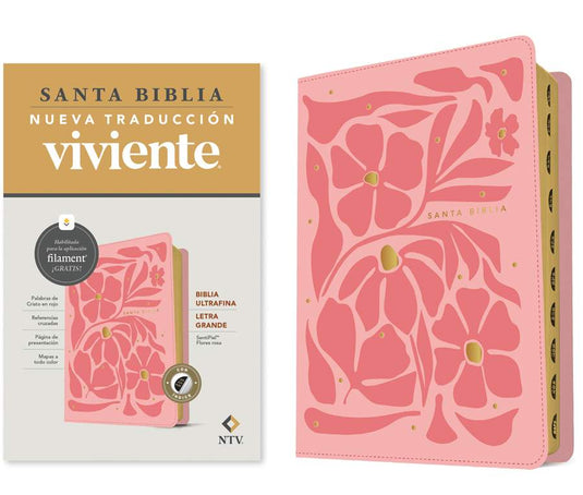 Biblia NTV con Filament, Ultrafina, con índice, Letra Grande, SentiPiel rosa flores