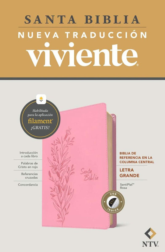 Biblia de referencia en la columna central NTV con Filament, Letra Grande, imitación piel rosa