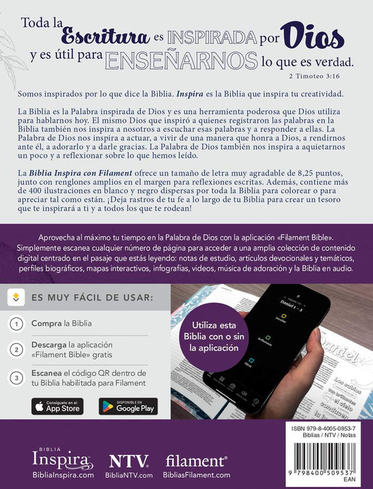 Biblia Inspira con Filament NTV (SentiPiel Lavanda)