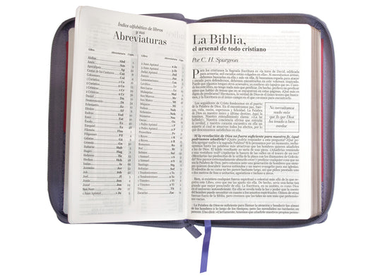 Biblia RVR 1960, Tamaño manual, Cierre zíper, Letra Grande, imitación piel bitono morada
