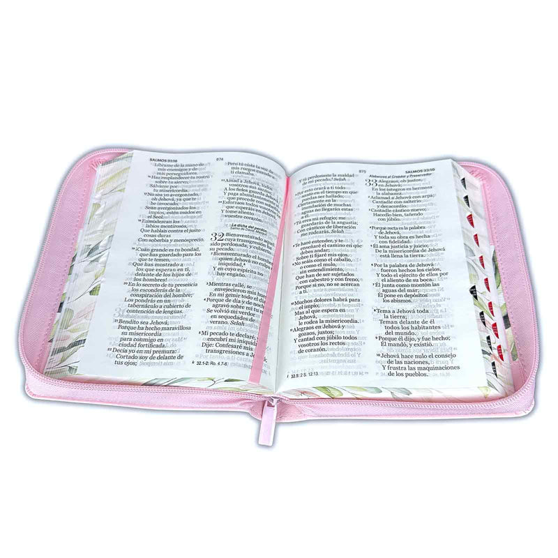 Cargue la imagen en el visor de la galería, Biblia RVR 1960, Letra Grande, Cierre zíper, con índice, imitación piel rosada flores
