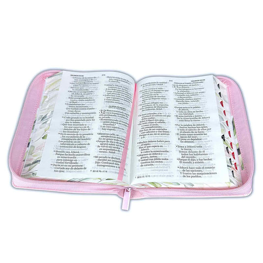 Biblia RVR 1960, Letra Grande, Cierre zíper, con índice, imitación piel rosada flores