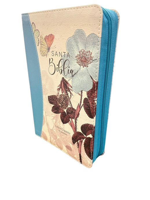 Biblia RVR 1960, Cierre zíper, Letra Gigante, imitación piel turquesa Flores