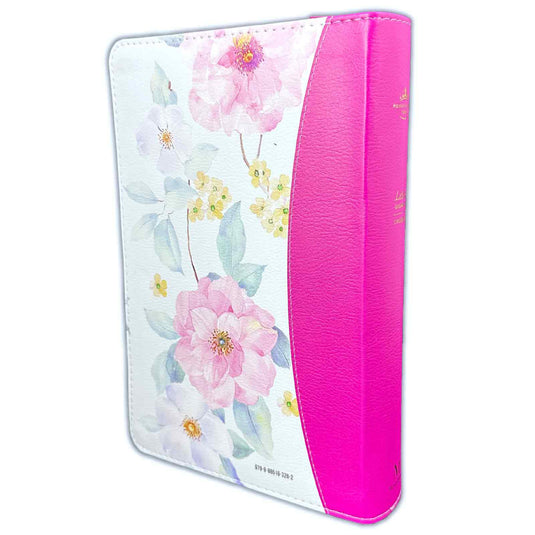 Biblia RVR 1960, Cierre zíper, Letra Gigante, imitación piel fucsia Flores