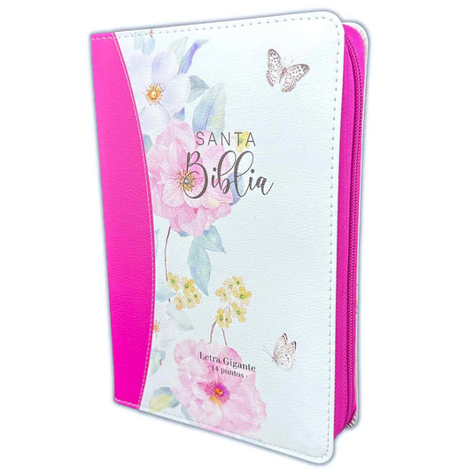 Biblia RVR 1960, Cierre zíper, Letra Gigante, imitación piel fucsia Flores
