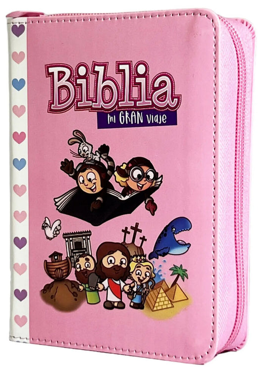 Biblia para niños de bolsillo Mi gran viaje RVR 1960, Cierre zíper, imitación piel rosada