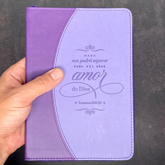 Libreta con cierre de zíper Amor de Dios, imitación piel lila