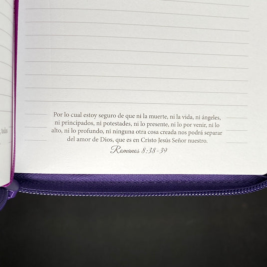 Libreta con cierre de zíper Amor de Dios, imitación piel lila