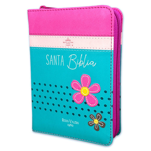 Biblia de Bolsillo RVR 1960, Cierre zíper, imitación piel fucsia/rosa/turquesa con flores