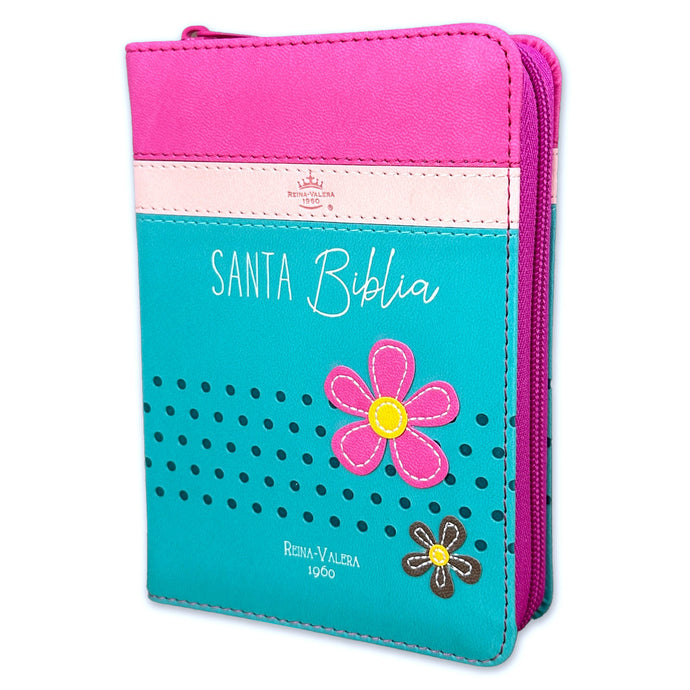 Biblia de Bolsillo RVR 1960, Cierre zíper, imitación piel fucsia/rosa/turquesa con flores