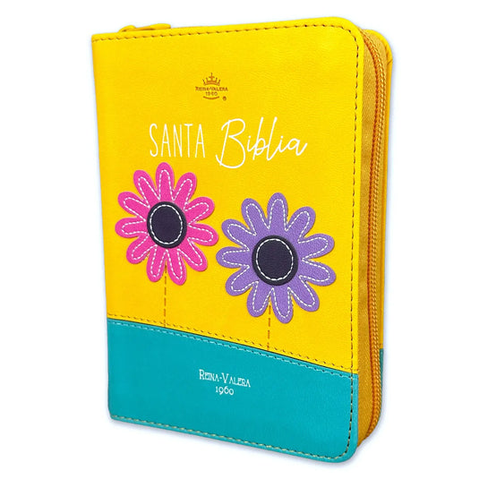 Biblia de Bolsillo RVR 1960, Cierre zíper, imitación piel amarilla/turquesa con flores