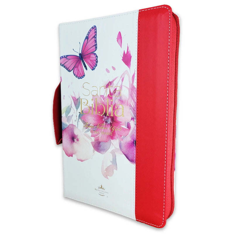 Cargue la imagen en el visor de la galería, Biblia RVR 1960, Tamaño portátil, Letra Grande, Cierre zíper, con índice, imitación piel roja mariposa
