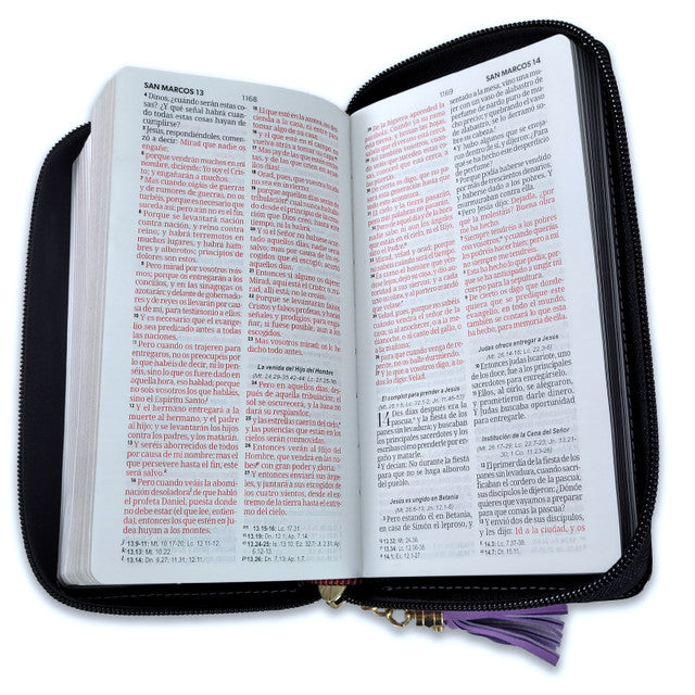 Cargue la imagen en el visor de la galería, Biblia RVR 1960, Cierre zíper, símil piel lila con negro- Tipo chequera
