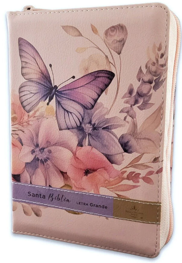 Cargue la imagen en el visor de la galería, Biblia RVR 1960, Tamaño compacto, Cierre zíper, con índice, Letra Grande, imitación piel rosa mariposa

