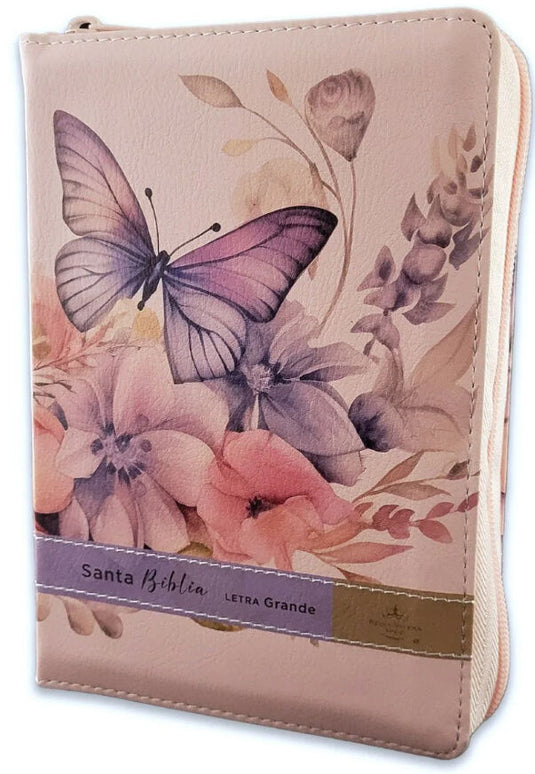 Biblia RVR 1960, Tamaño compacto, Cierre zíper, con índice, Letra Grande, imitación piel rosa mariposa