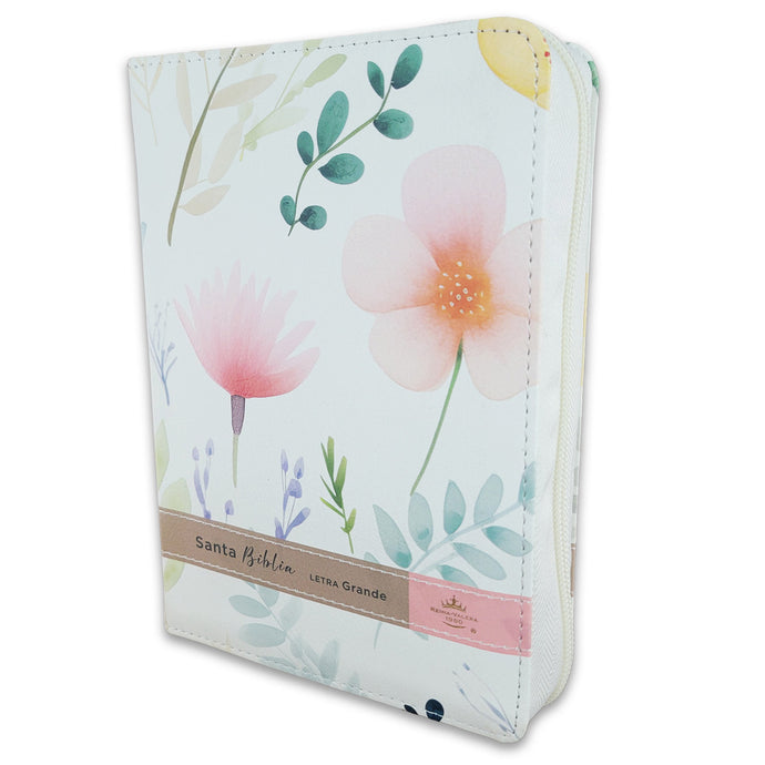 Biblia RVR 1960, Tamaño portátil, Cierre zíper, con índice, Letra Grande, imitación piel blanca flores