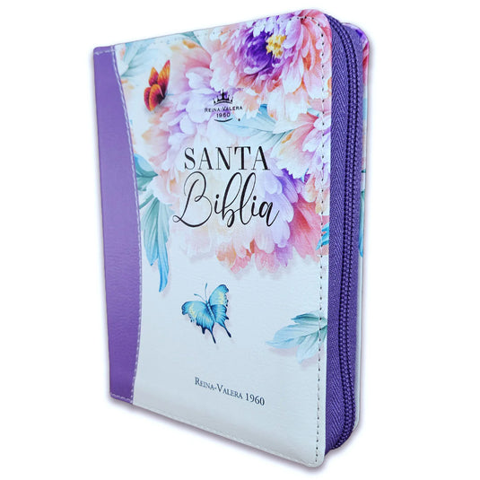 Biblia RVR 1960, Tamaño Manual, Cierre zíper, con índice, Letra Gigante, imitación piel lila jardín