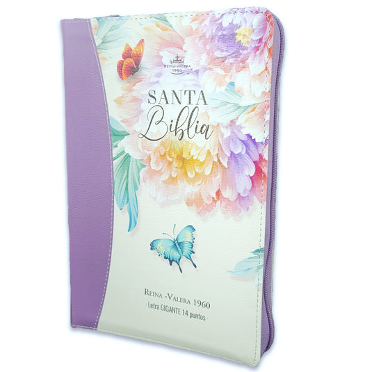 Biblia RVR 1960, Tamaño Manual, Letra Gigante, con índice, Cierre zíper, imitación piel lila jardín