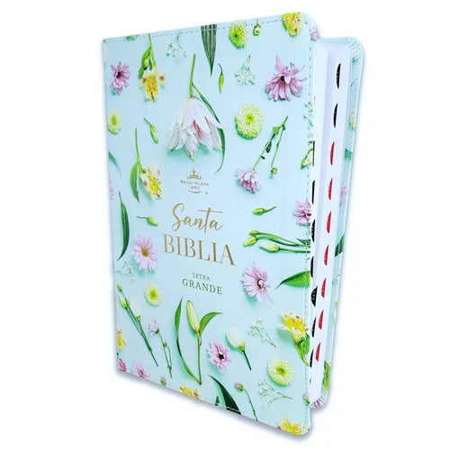Biblia RVR 1960, Tamaño Manual, Letra Grande, con índice, imitación piel celeste flores