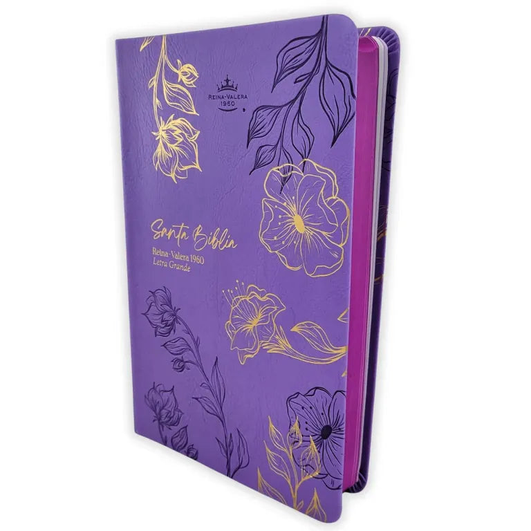 Cargue la imagen en el visor de la galería, Biblia RVR 1960, Tamaño Manual, Letra Grande, imitación piel morado flores
