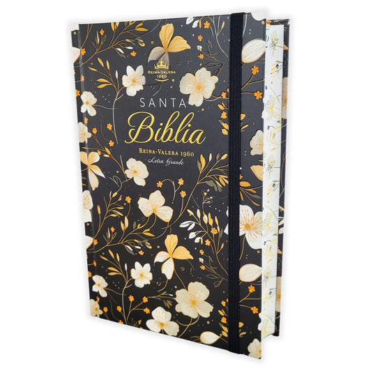 Biblia RVR 1960, Tamaño Manual, Letra Grande, tapa dura con elástico negra flores