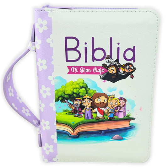 Biblia Mi Gran Viaje RVV 1960, Cierre zíper, imitación piel lila con asa